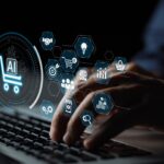Artificial intelligence robot typing on a keyboard, symbolizing AI-driven content creation and SEO trends.