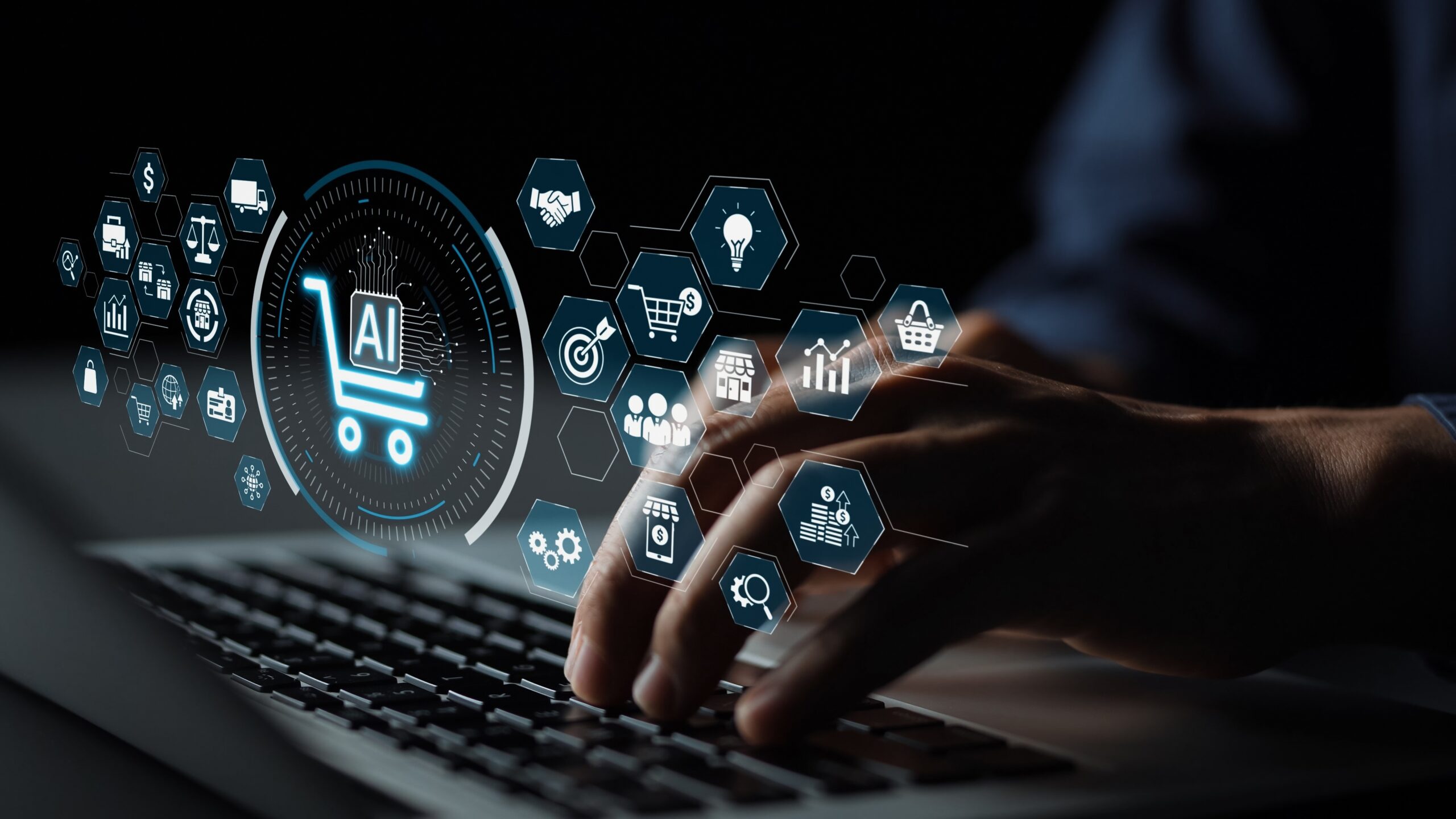 Artificial intelligence robot typing on a keyboard, symbolizing AI-driven content creation and SEO trends.