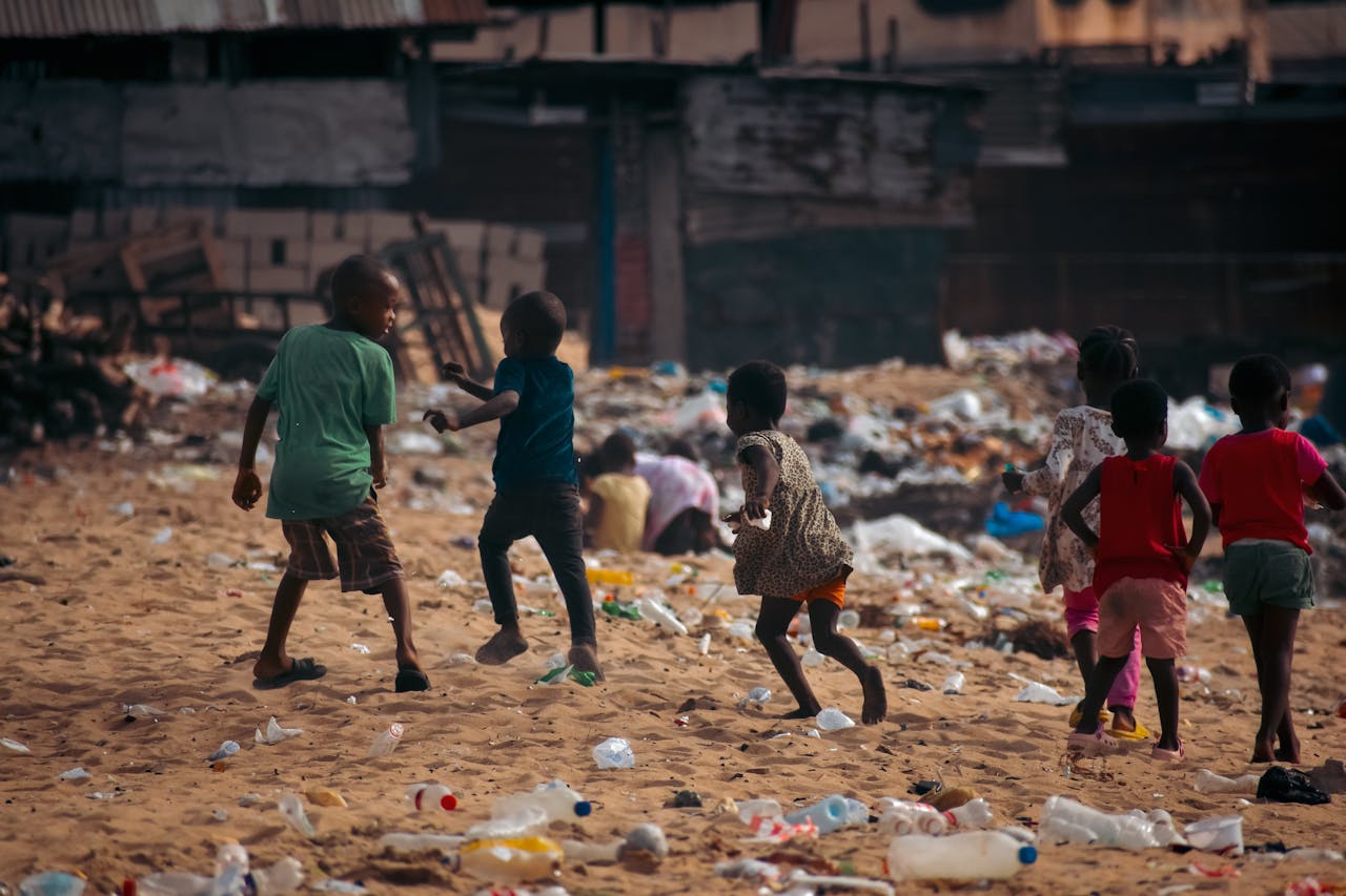 A normal day for children, yet surrounded by the invisible threat of plastic pollution.