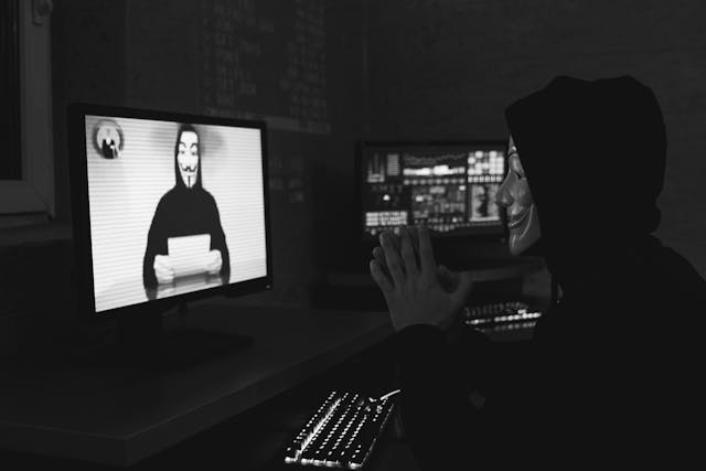 Anonymous person using computer.