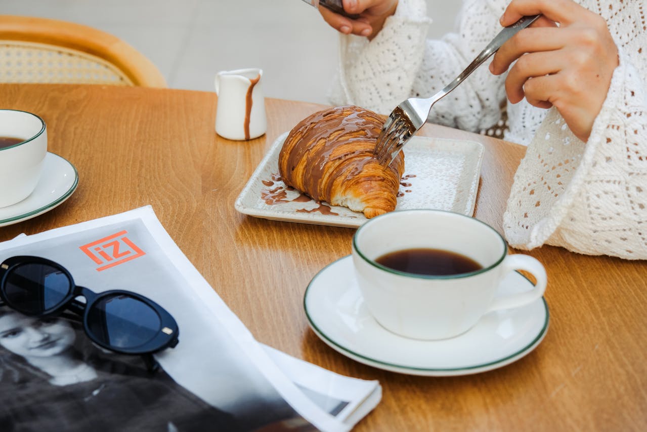 Breakfast with Coffee and Chocolate Croissant