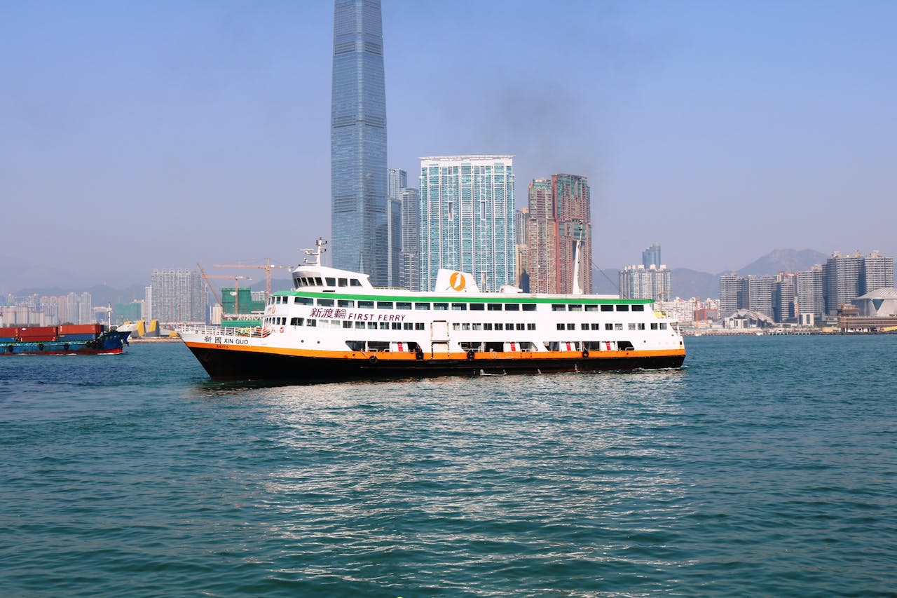 Modern City and Ferry on Water