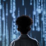 Back View of A Teen Boy with a Digital Background