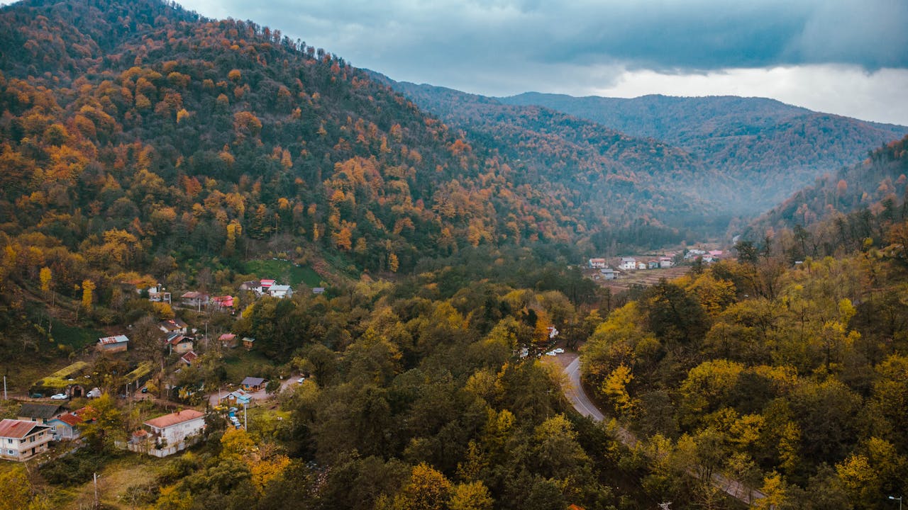 Aerial View of Autumn Landscape in Rasht, Iran